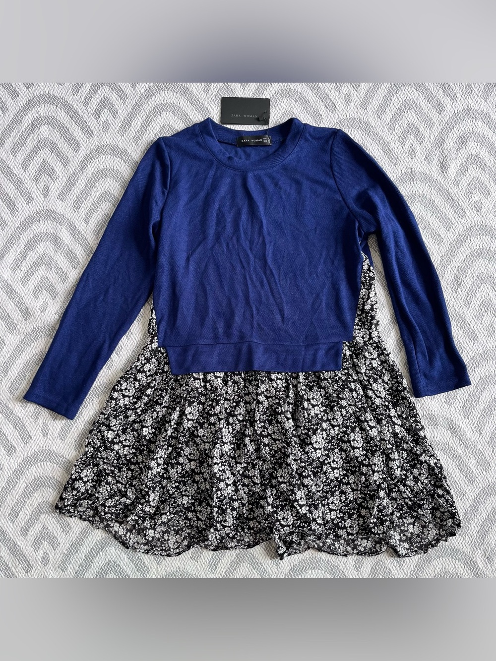 ZARA WOMAN Navy Blue Black Floral Long Sleeve Mini Dress NWT